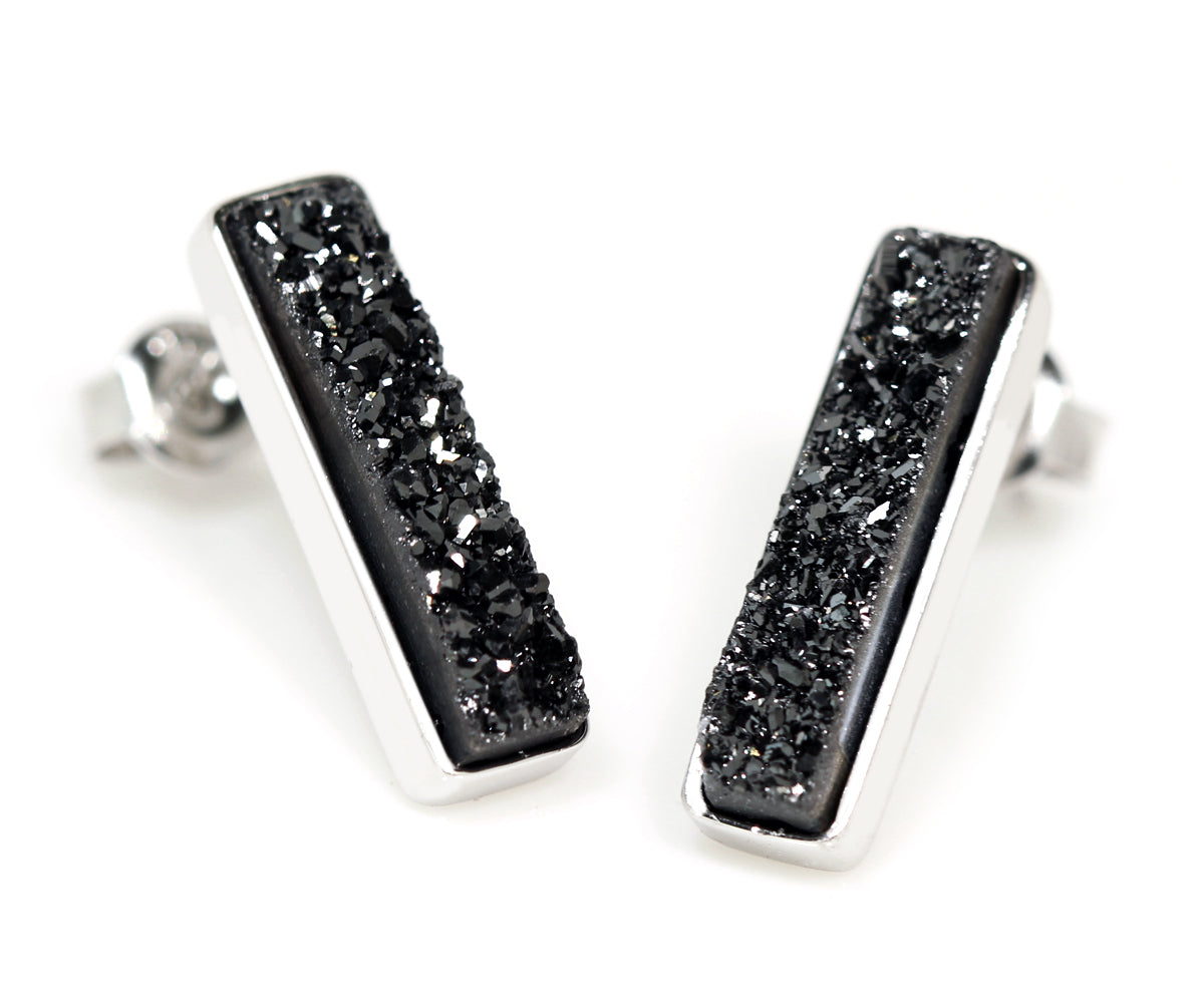 Thin Rectangle Black Druzy Stud Earrings
