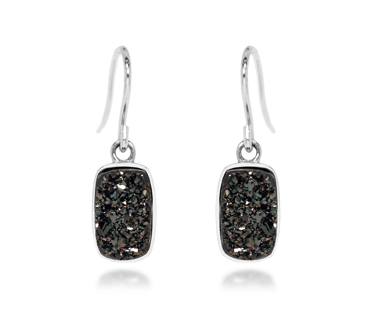 small rectangle black druzy drusy women sparkle dangle earrings