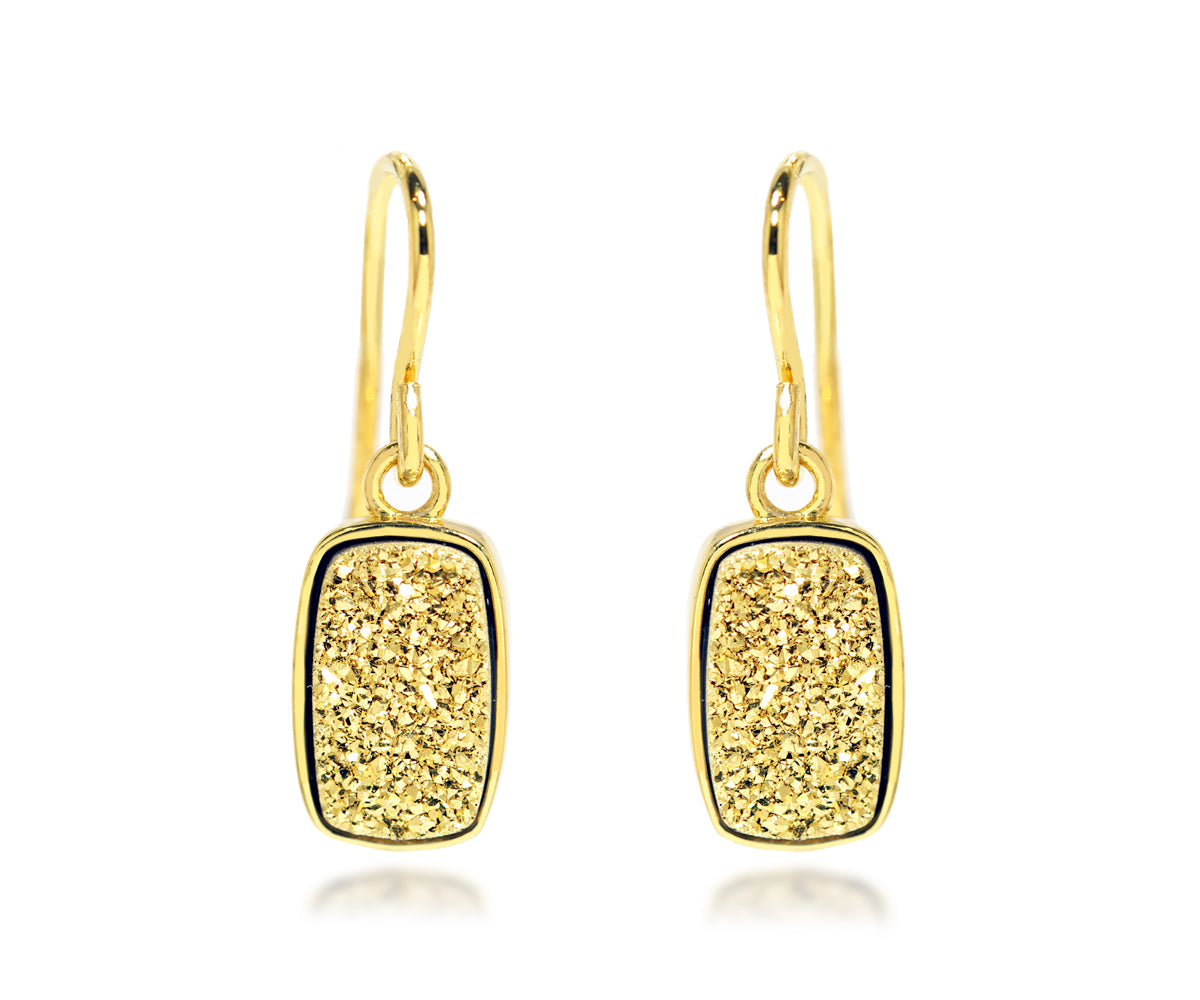 small rectangle 18k yellow gold druzy drusy dangle fashion sparkle earrings