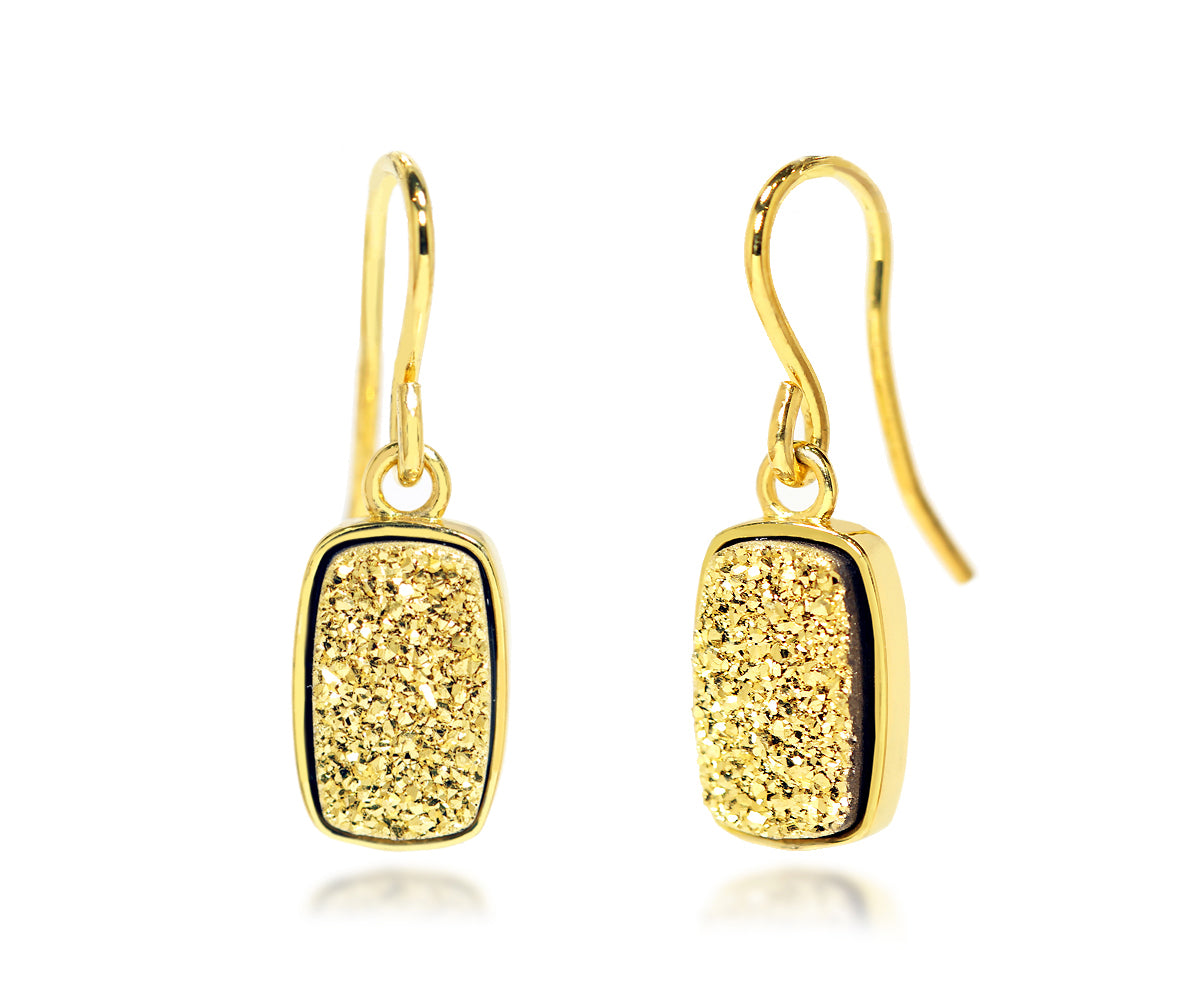 Small Rectangle 18K Gold Druzy Earrings in 14K Gold