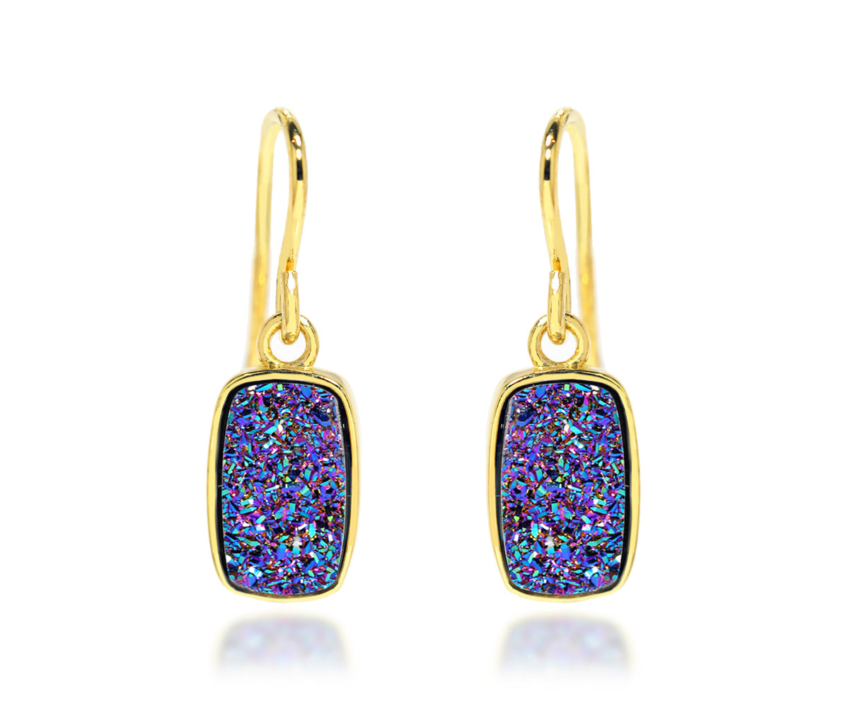 Small Rectangle Purple Rainbow Druzy 14K Vermeil Earrings