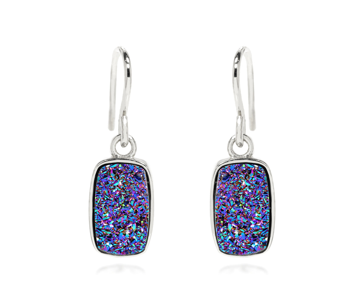 ambrosia small rectangle purple rainbow druzy silver drusy earrings