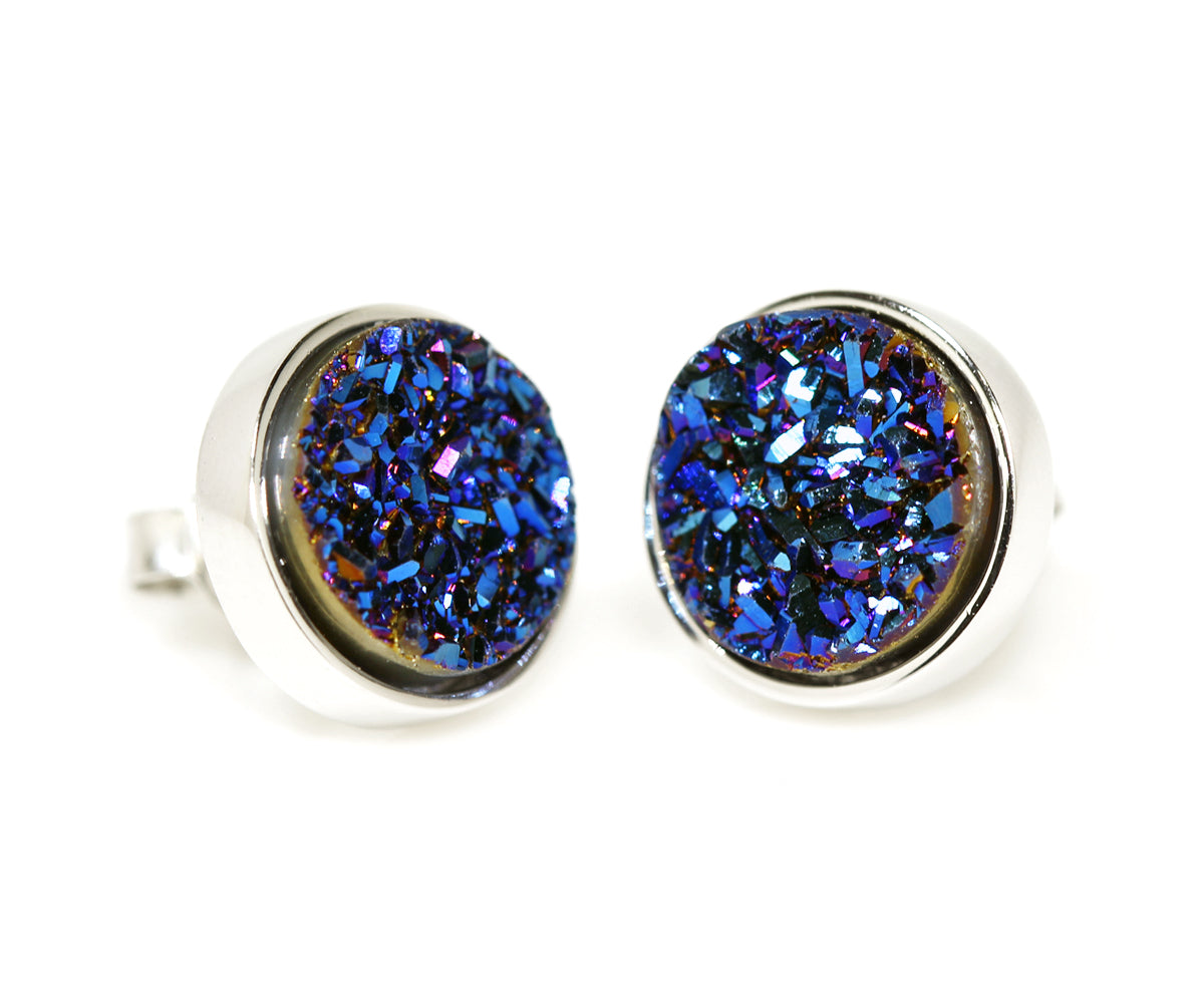 Ambrosia round blue titanium druzy quartz fashion drusy silver earrings