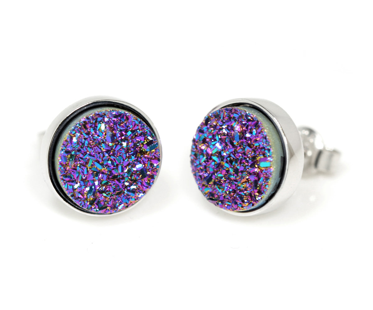 round purple rainbow druzy silver stud drusy earrings
