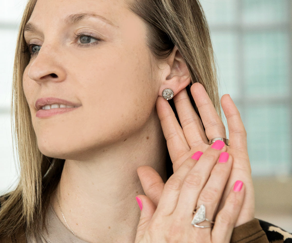Small Round Platinum Druzy Stud Earrings