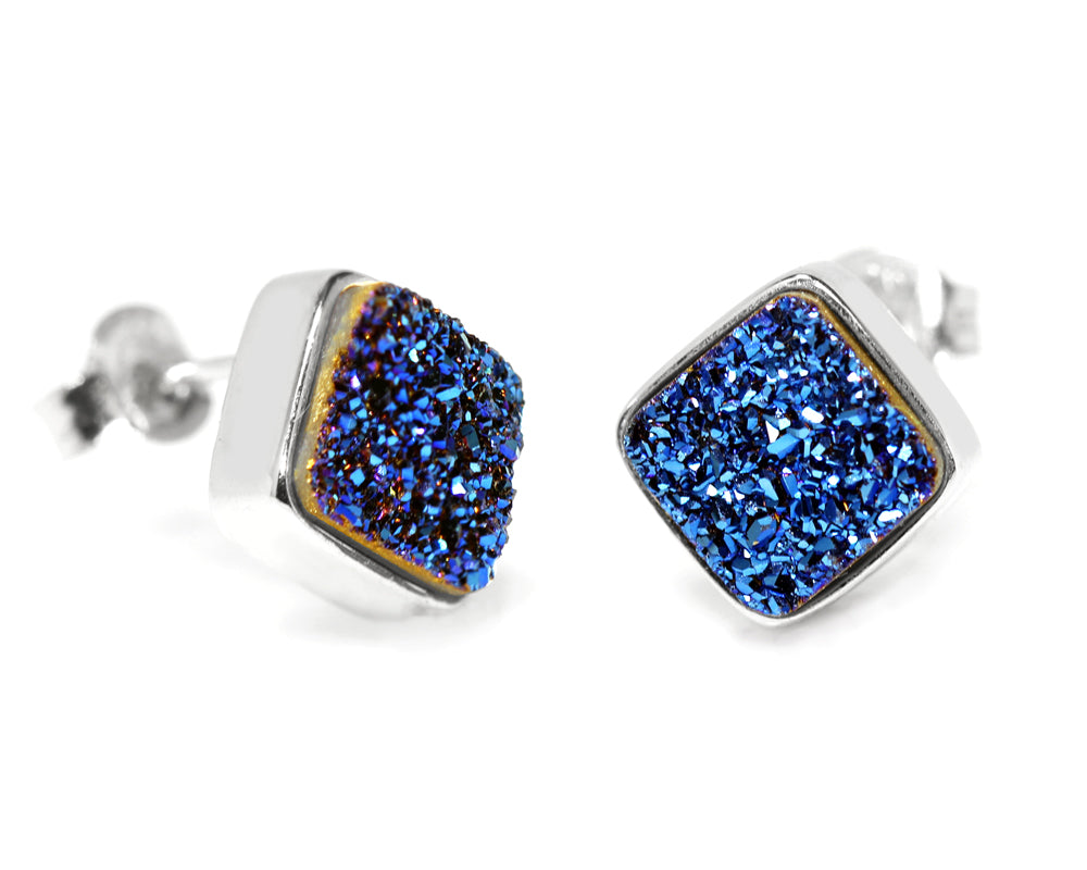 small square sapphire blue druzy silver drusy stud earrings