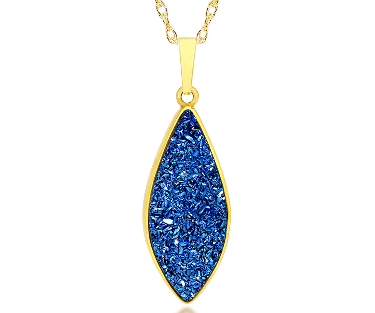 ambrosia large marquise sapphire blue druzy quartz 14k gold vermeil necklace fashion drusy jewelry