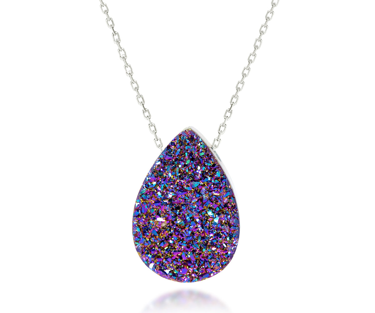 Medium teardrop purple rainbow druzy fashion drusy silver necklace