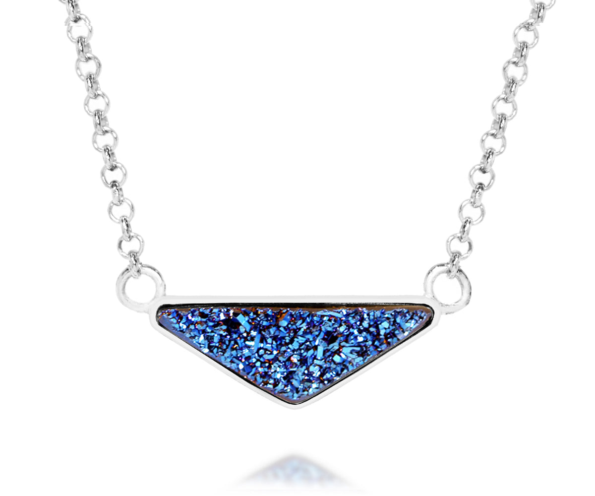 womens triangle sapphire blue druzy silver drusy necklace