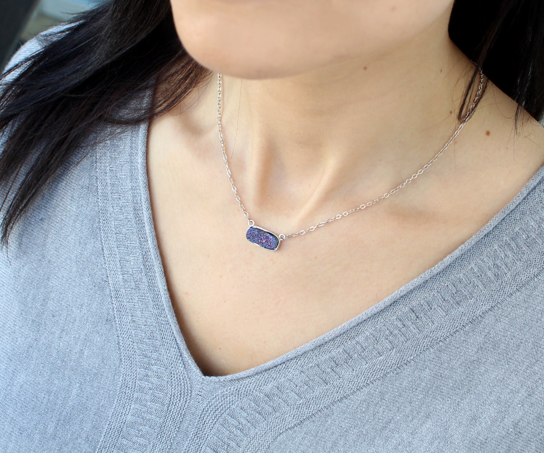 Medium Rectangle Purple Rainbow Druzy Necklace