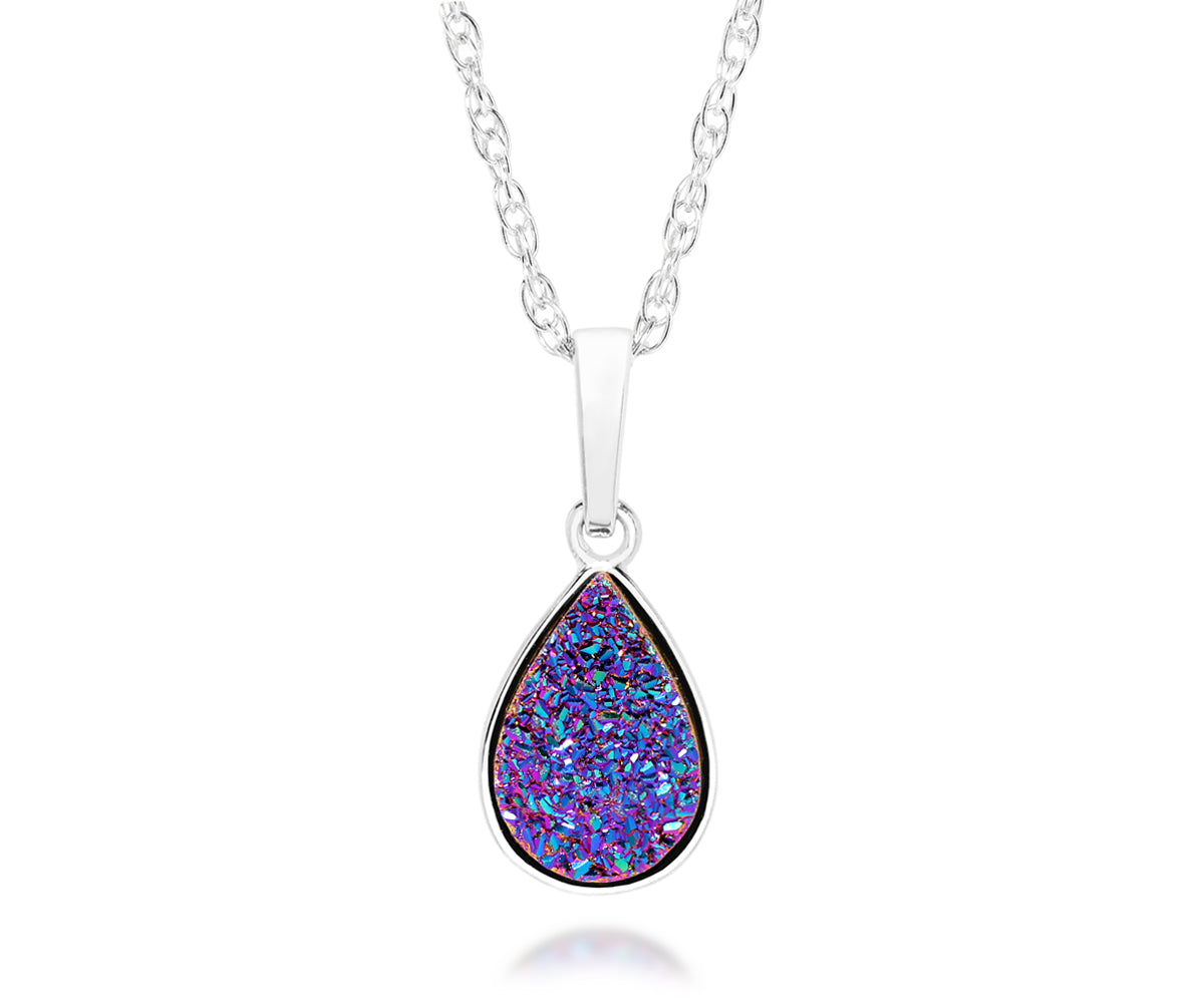 ambrosia small teardrop purple rainbow teardrop druzy silver sparkle drusy necklace