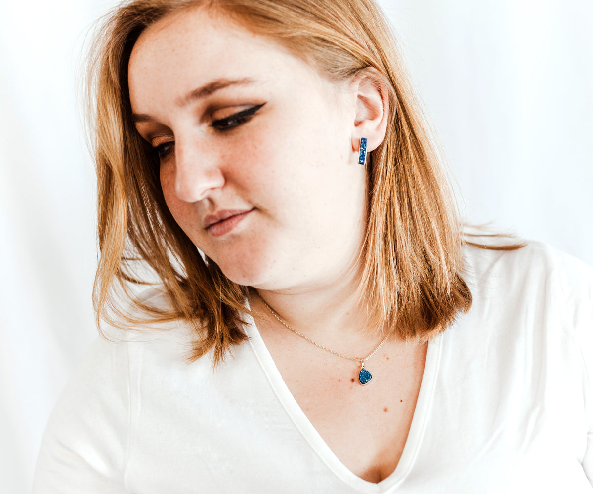 Thin Rectangle Blue Druzy Stud Earrings