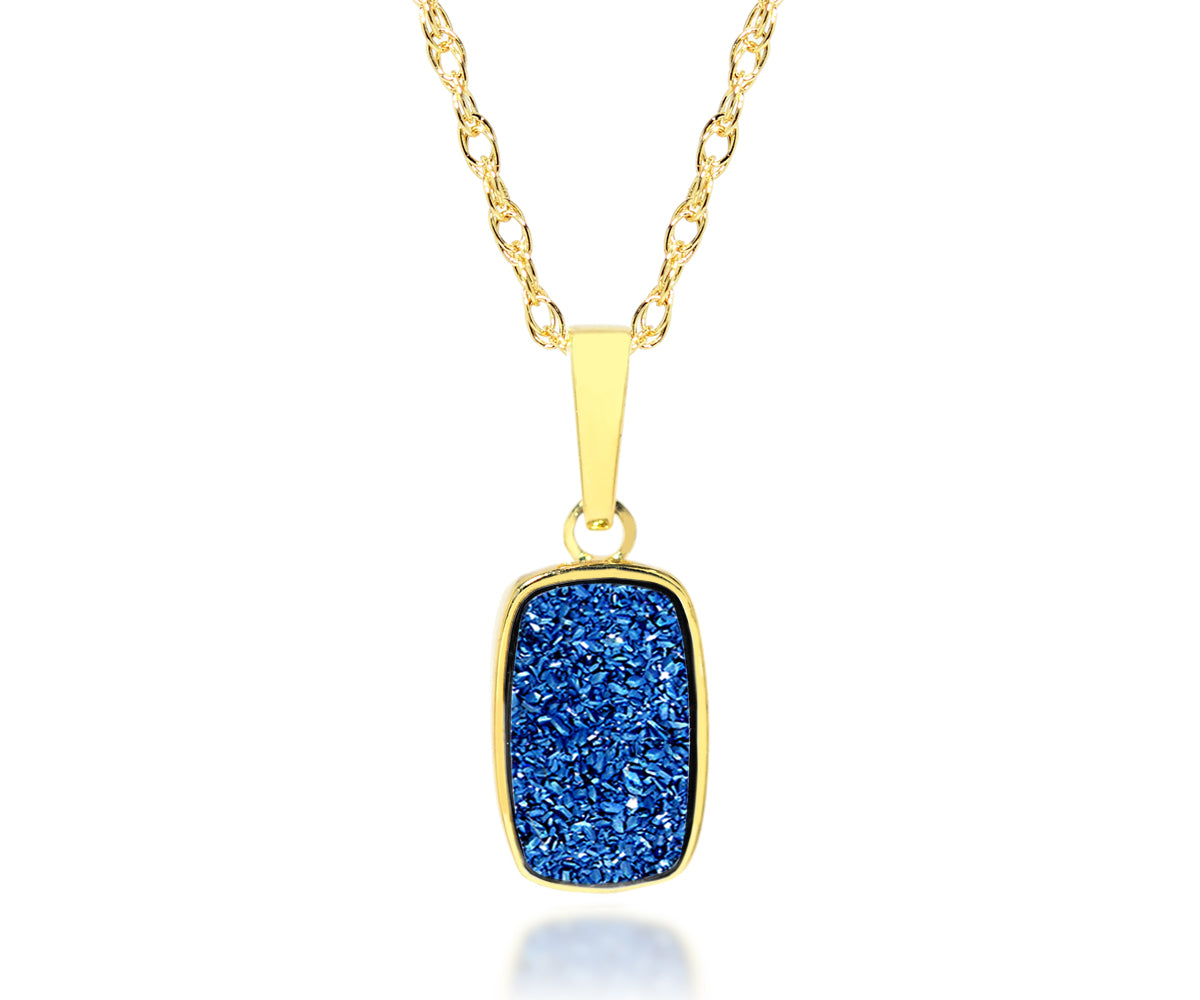 Small Rectangle Sapphire Blue Druzy 14k Vermeil Necklace