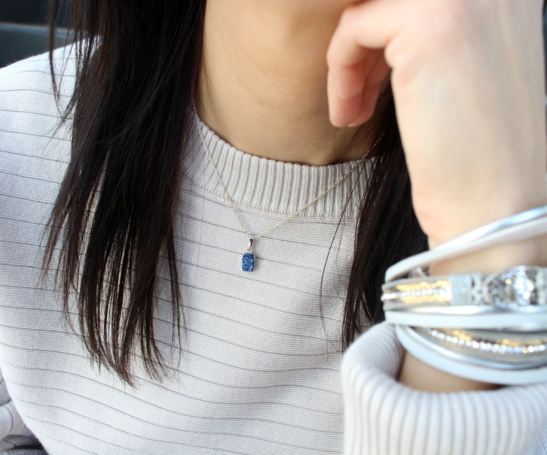 Small Rectangle Platinum Druzy Necklace