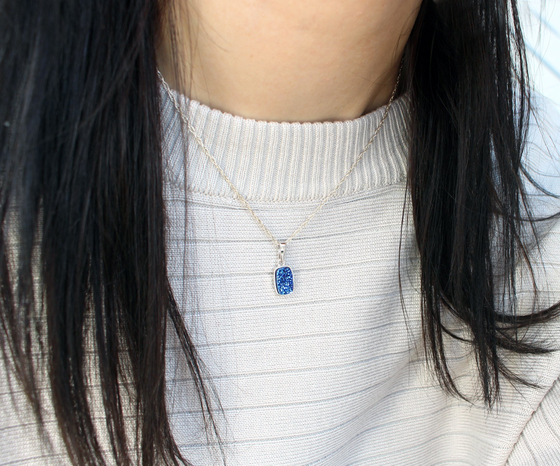 Small Rectangle Sapphire Blue Druzy Necklace