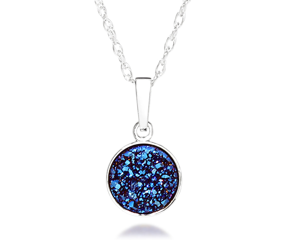Ambrosia small round blue druzy quartz pendant silver fashion drusy necklace