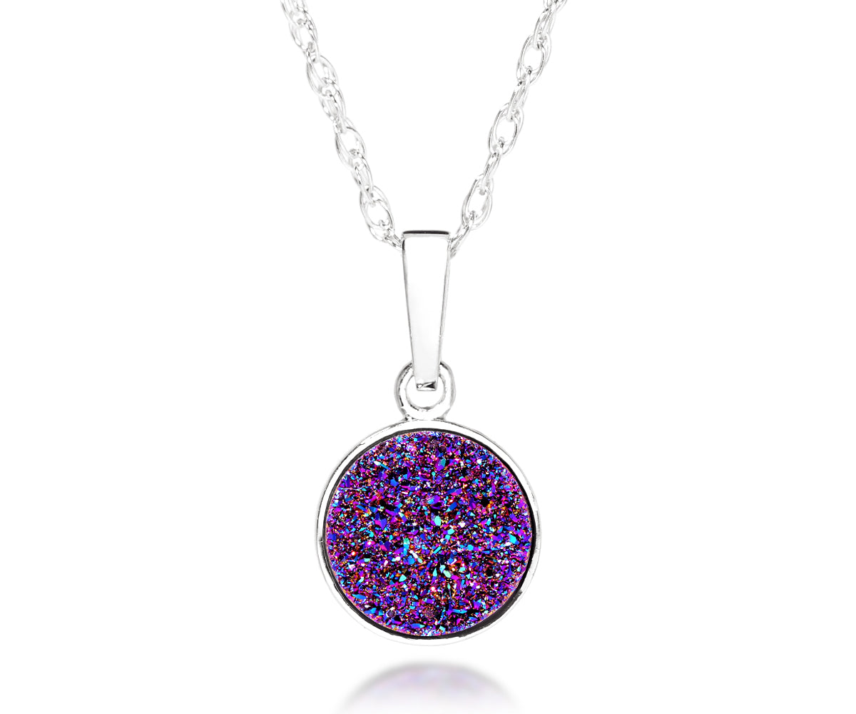 Ambrosia small round purple rainbow druzy quartz pendant silver fashion drusy necklace