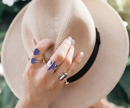 Vertical Rectangle Purple Rainbow Druzy Gold Ring