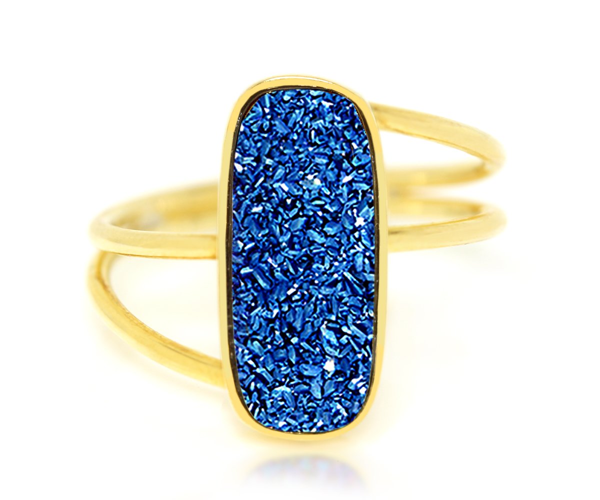 Ambrosia blue rectangle druzy double twist yellow gold fashion drusy ring