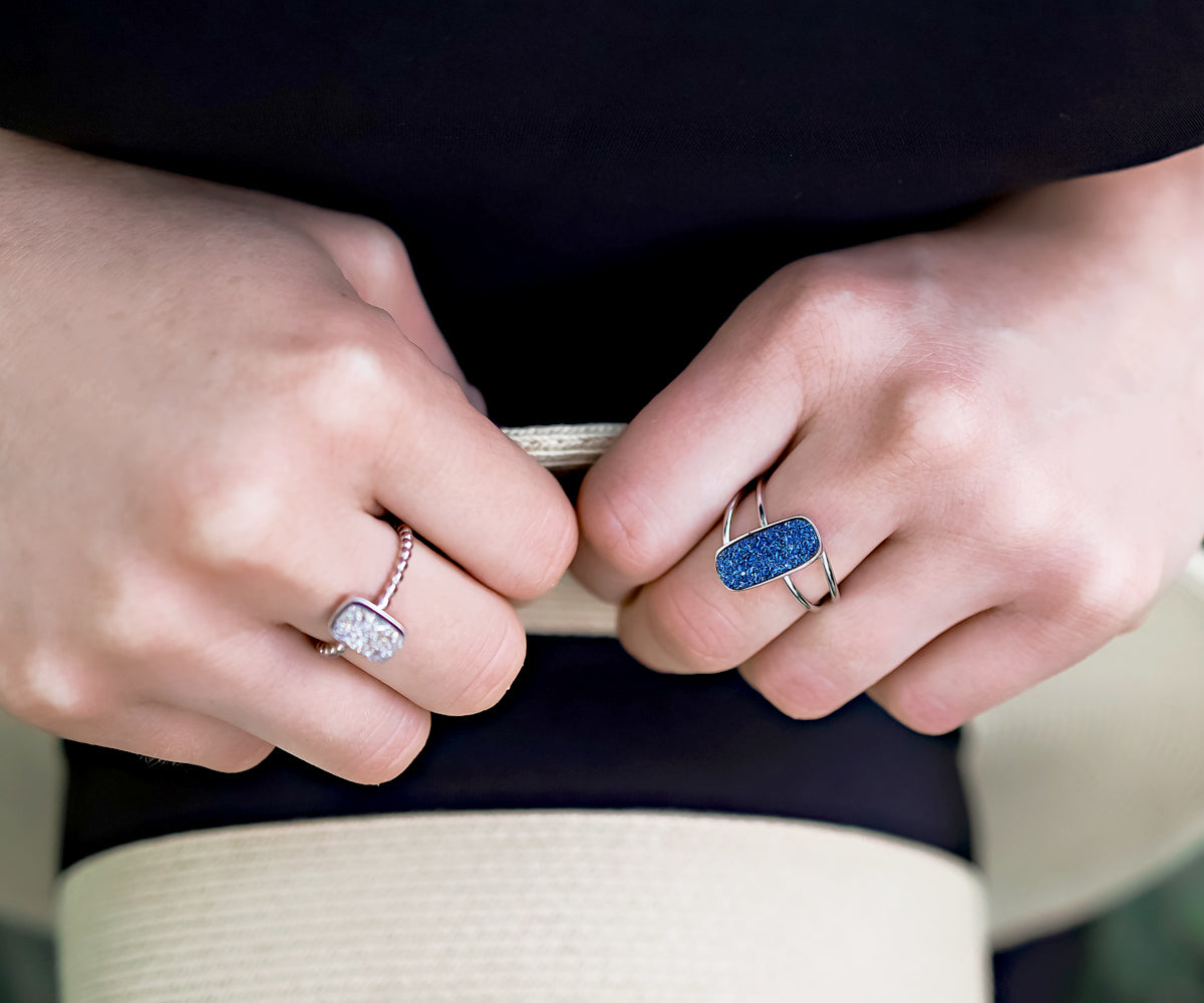 Double Twist Rectangle Blue Druzy Ring