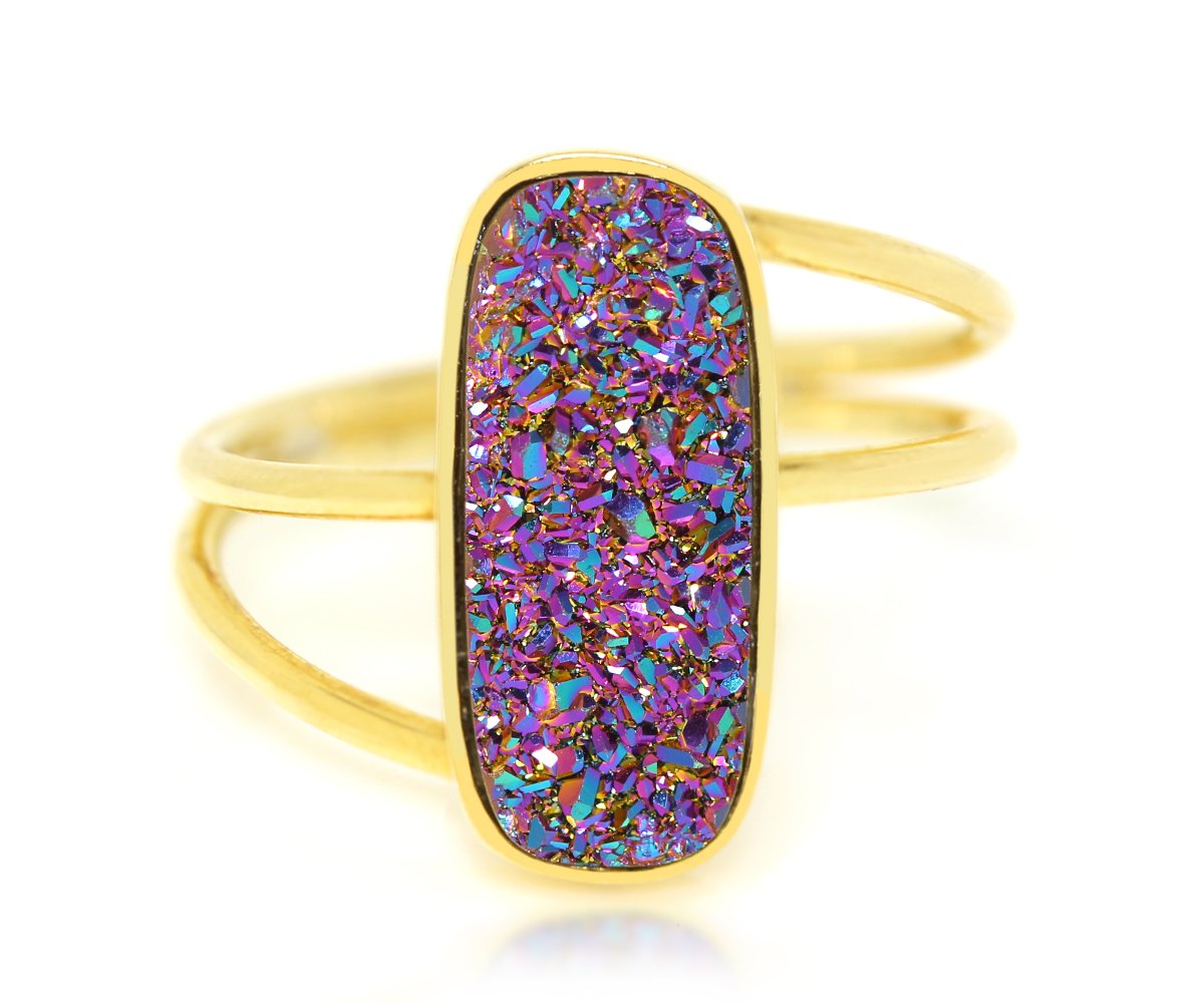 Ambrosia purple rainbow quartz druzy double twist gold fashion drusy ring