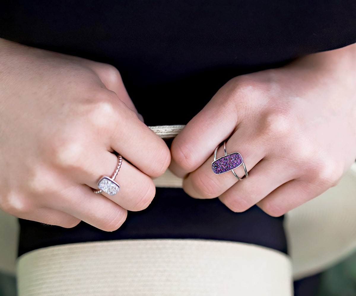 Double Twist Rectangle Purple Rainbow Druzy Ring