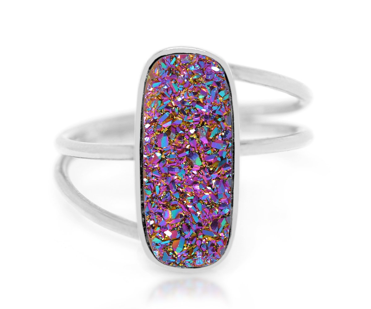 Ambrosia fashion purple rainbow drusy twist sterling silver drusy ring