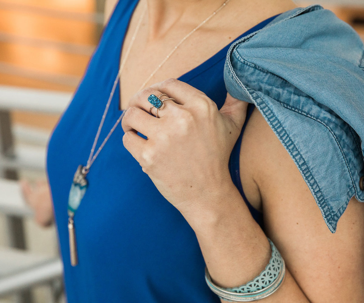 Criss Cross Rectangle Blue Druzy Ring
