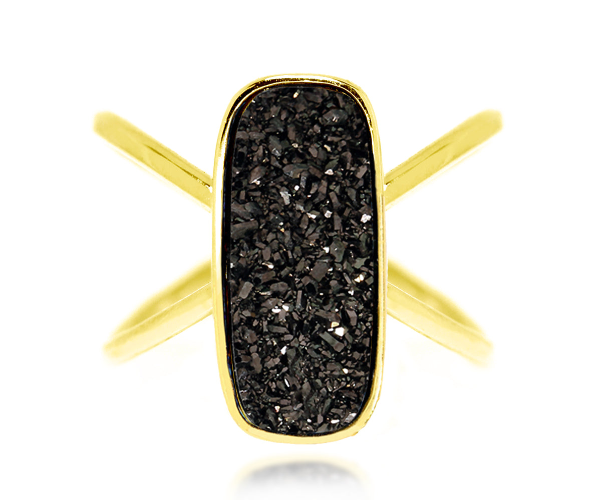 Ambrosia black druzy rectangle criss cross gold fashion druzy ring