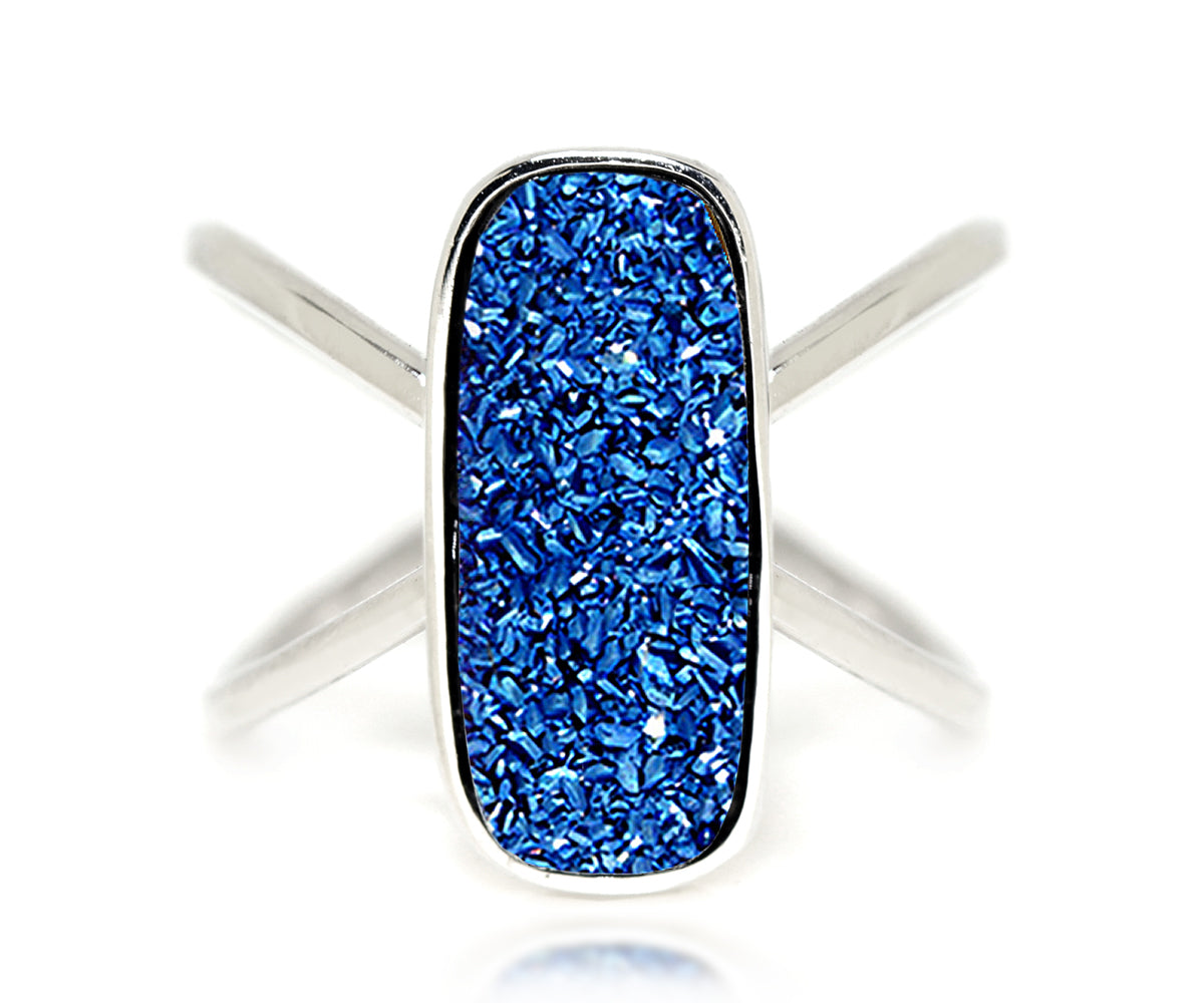 Ambrosia blue druzy rectangle criss cross fashion drusy sterling silver ring