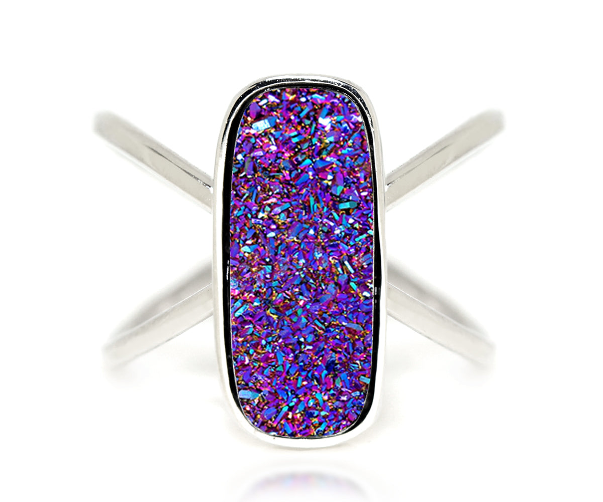 Ambrosia purple rainbow druzy rectangle criss cross fashion drusy sterling silver ring