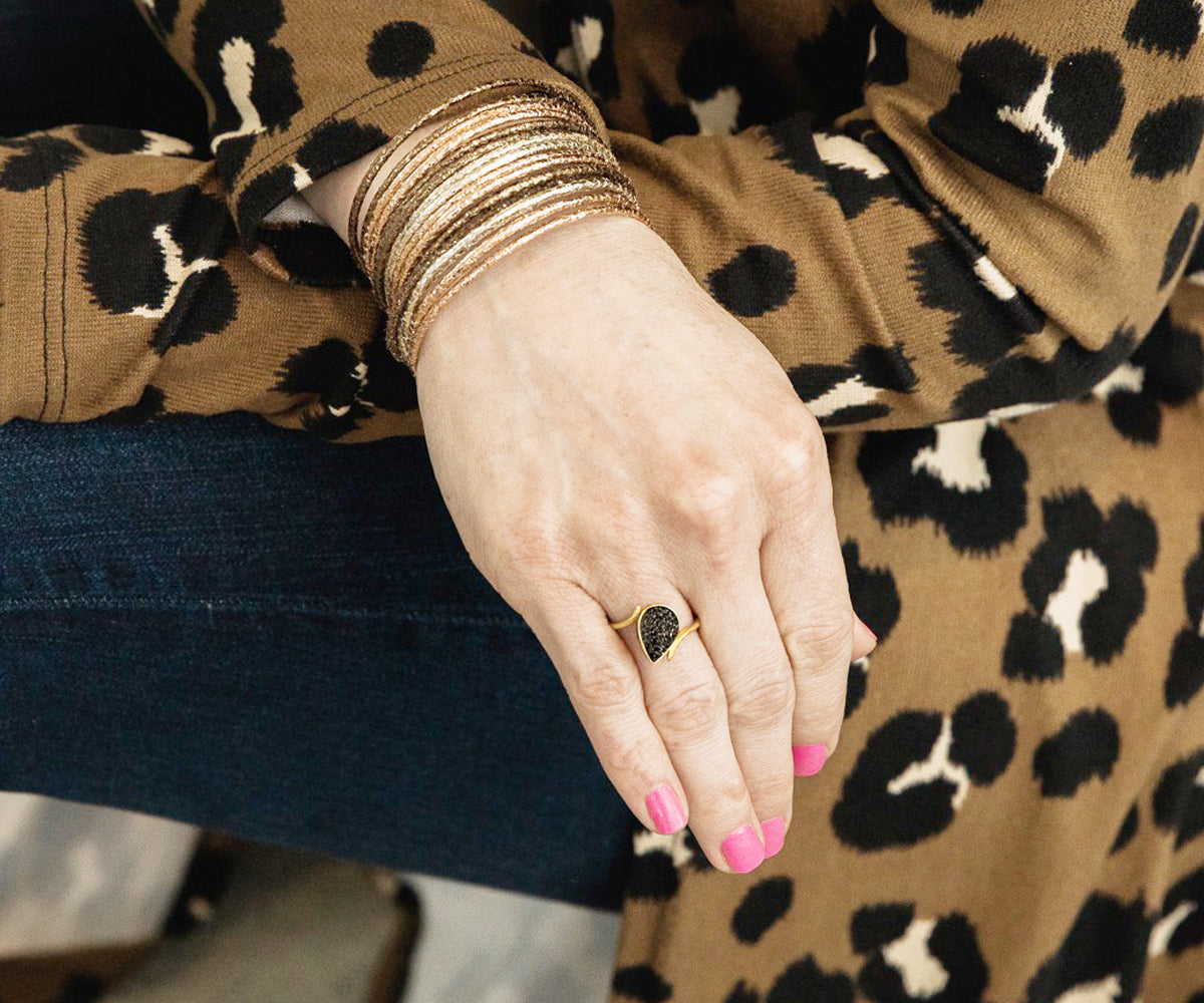 Bypass Teardrop Black Druzy 14K Gold Ring