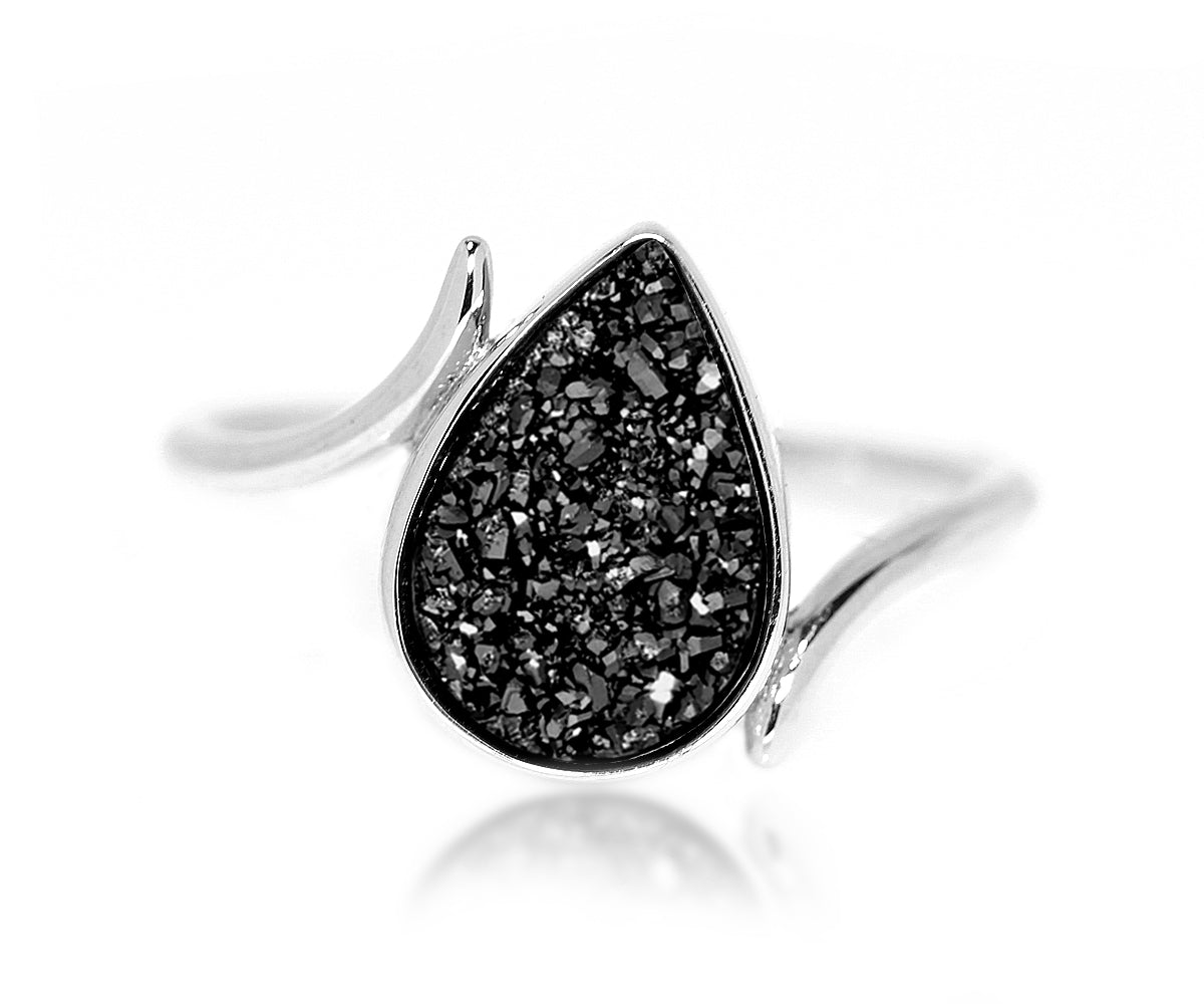 twist curved bypass black druzy sterling silver drusy fashion ring