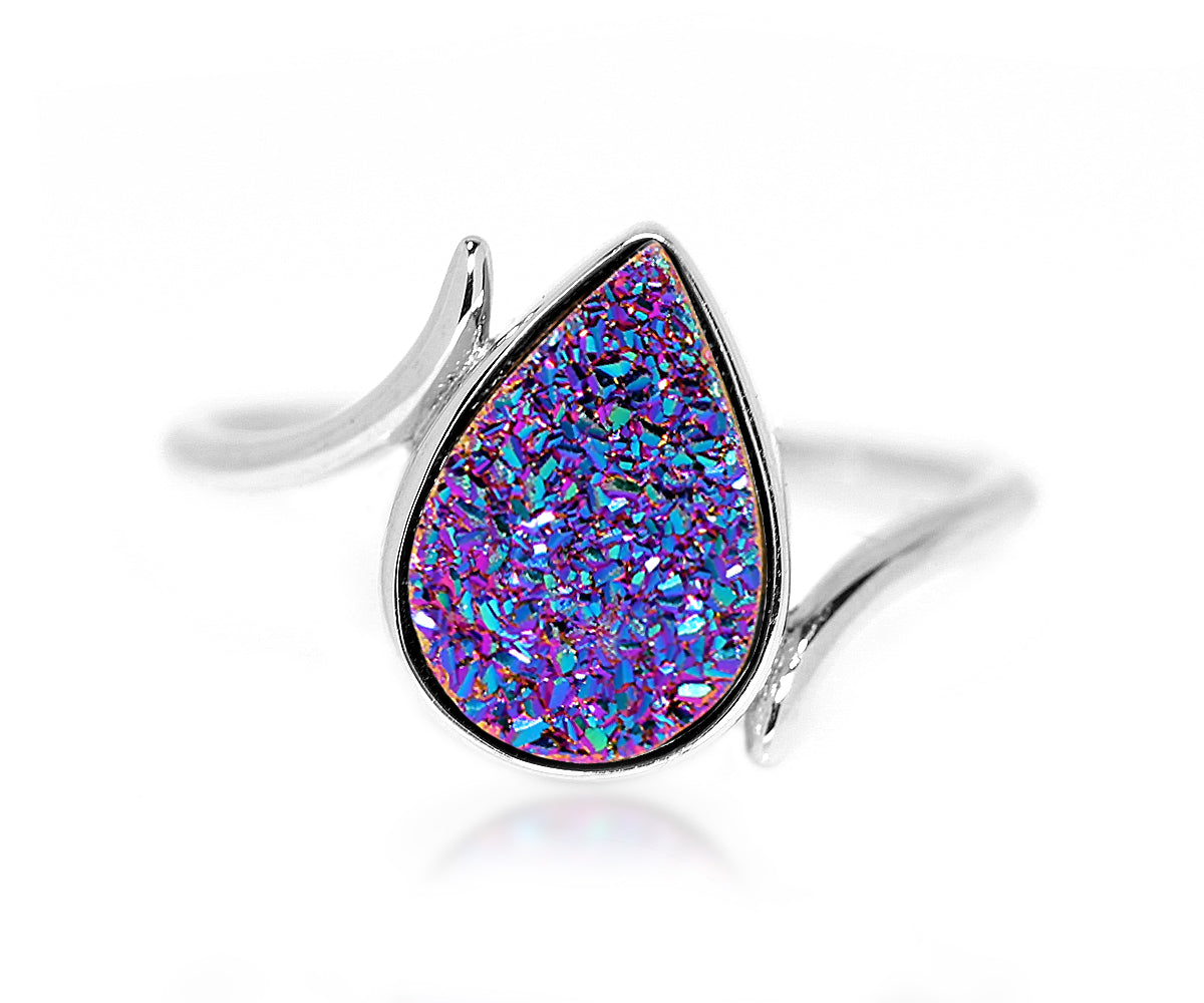 curved bypass twist purple druzy fashion sterling silver drusy ring
