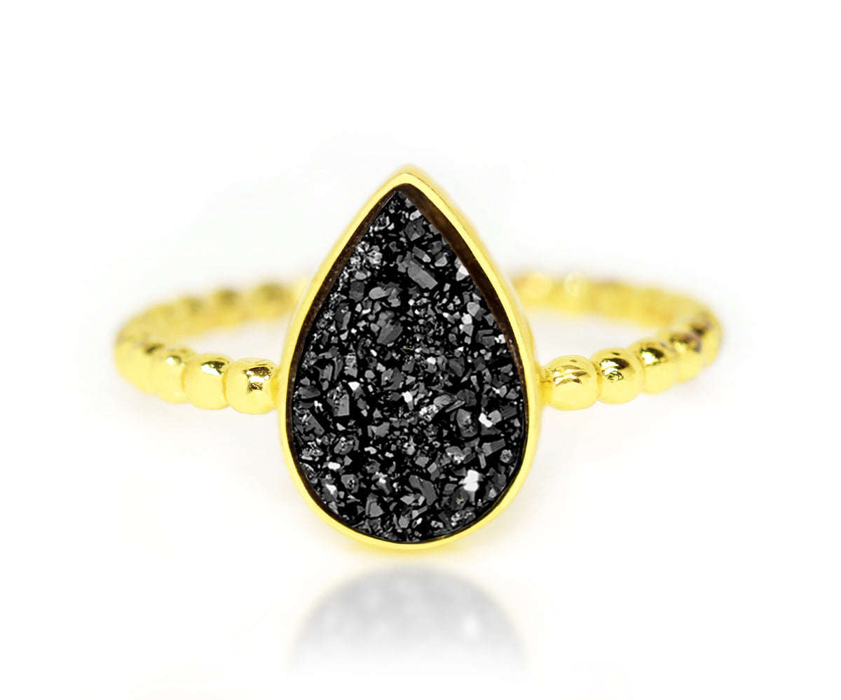 ambrosia teardrop black druzy quartz 14k gold vermeil drusy fashion ring