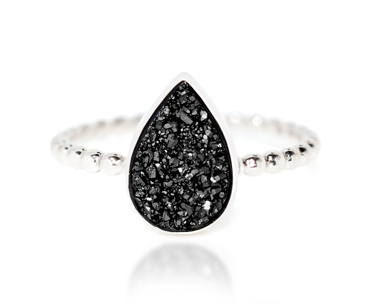 Ambrosia black teardrop druzy stacking fashion drusy quartz ring
