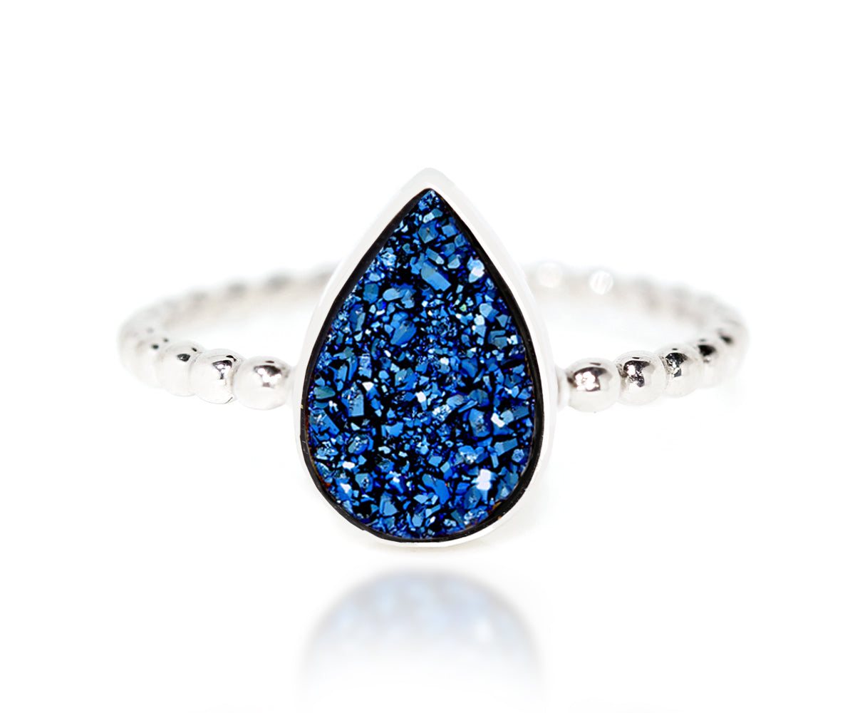 Ambrosia titanium blue druzy fashion stacking beaded drusy quartz silver ring