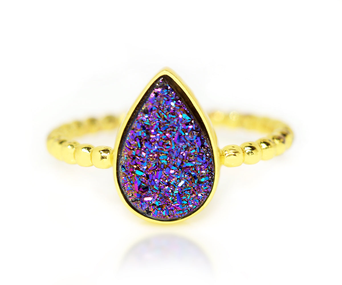 Ambrosia teardrop purple rainbow titanium druzy stacking fashion drusy gold ring