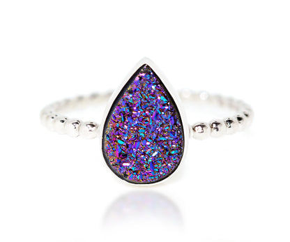 Ambrosia titanium purple rainbow teardrop druzy beaded fashion drusy quartz silver ring