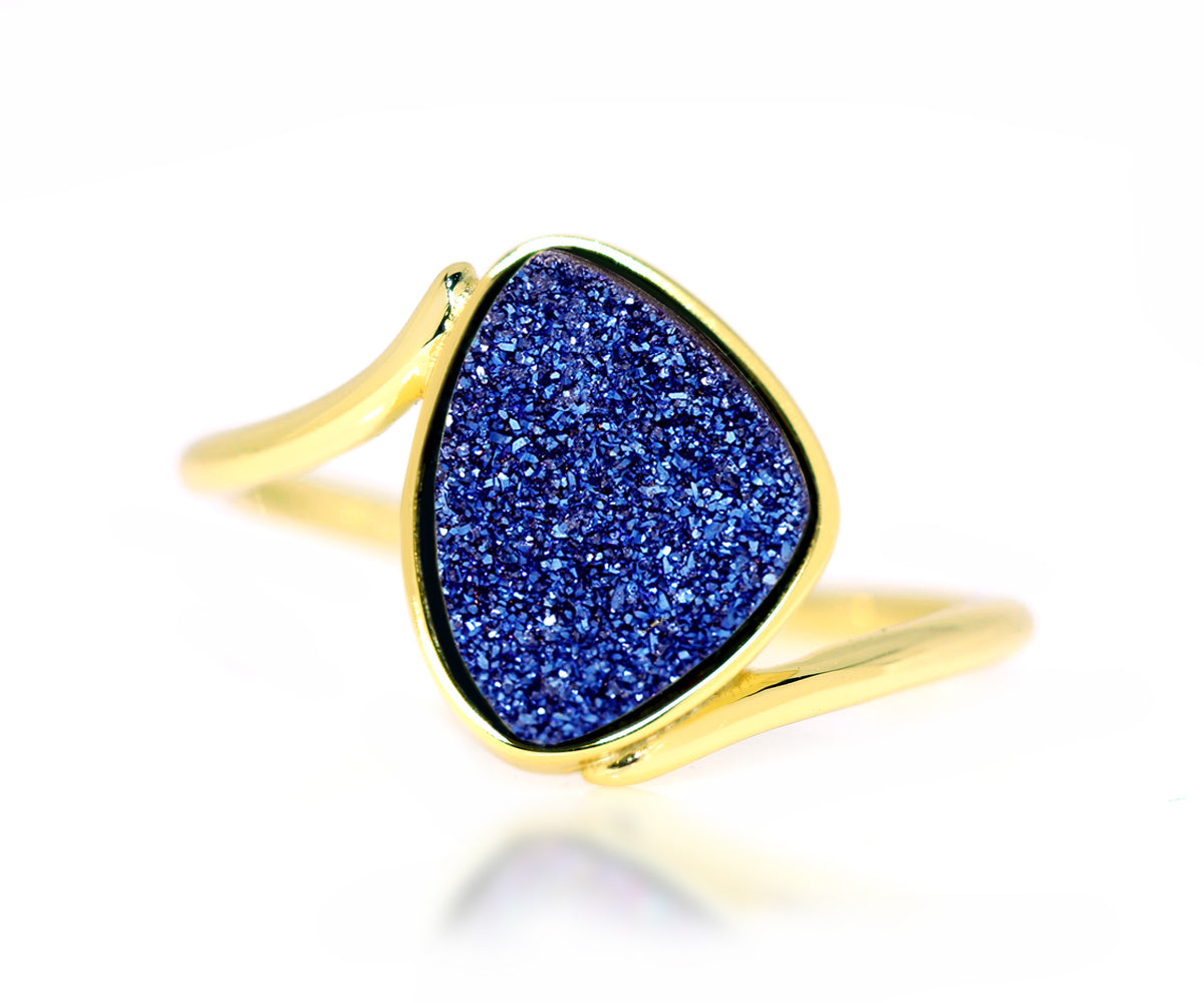 blue titanium trillion druzy twist bypass 14k gold drusy ring