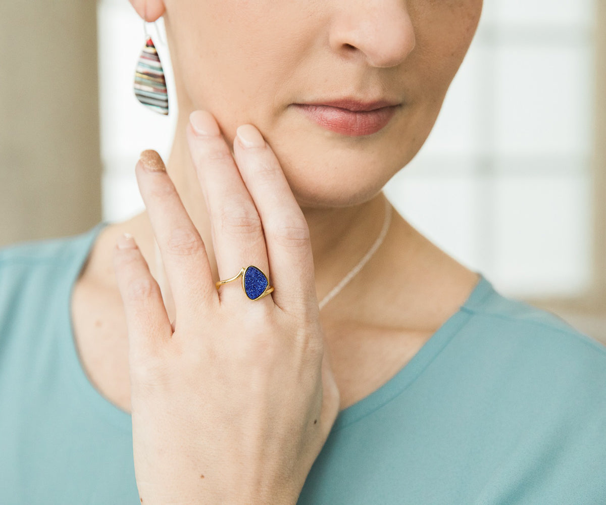 Bypass Trillion Blue Druzy 14K Gold Ring