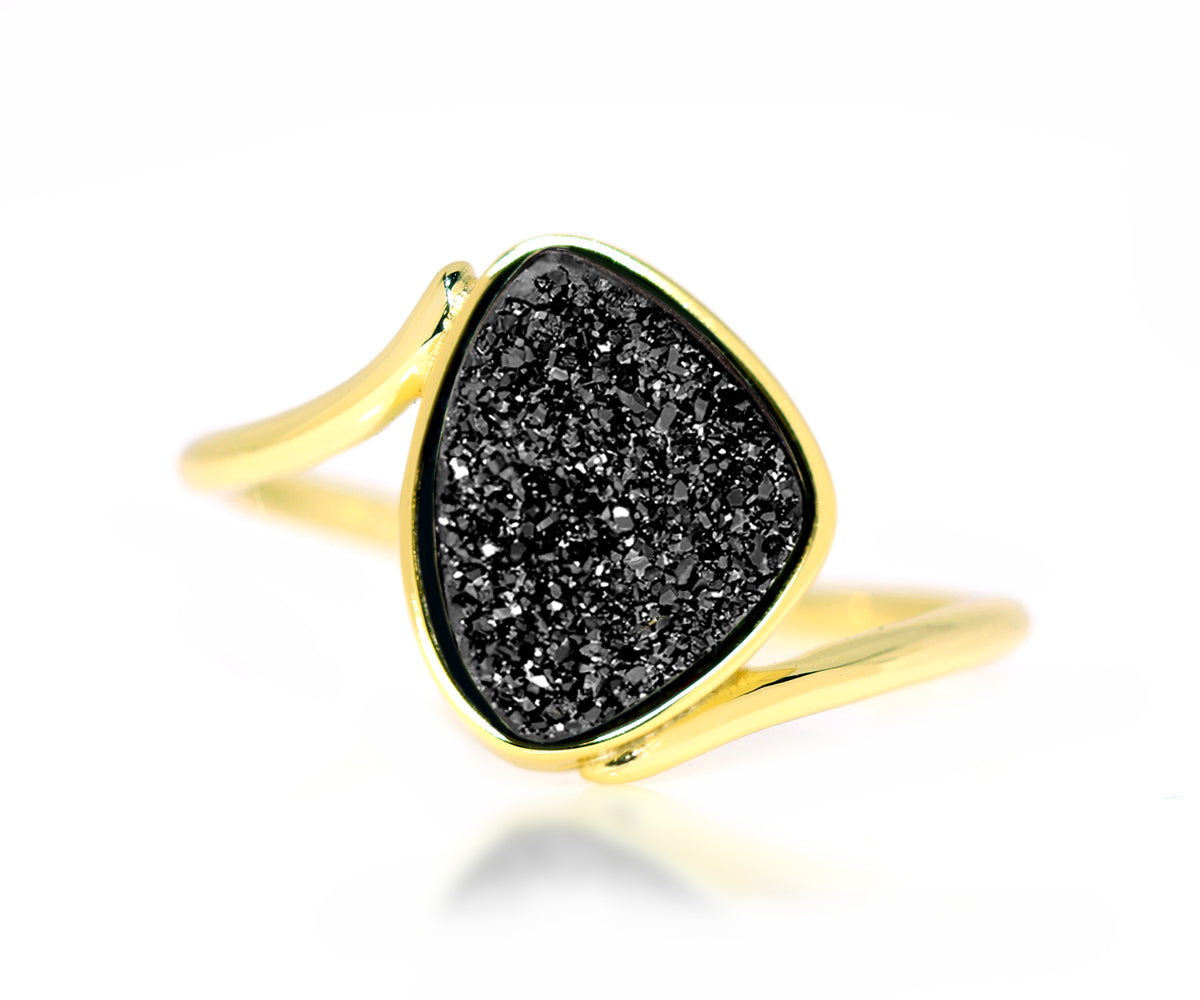 black druzy quartz crystal twist bypass 18k gold drusy ring