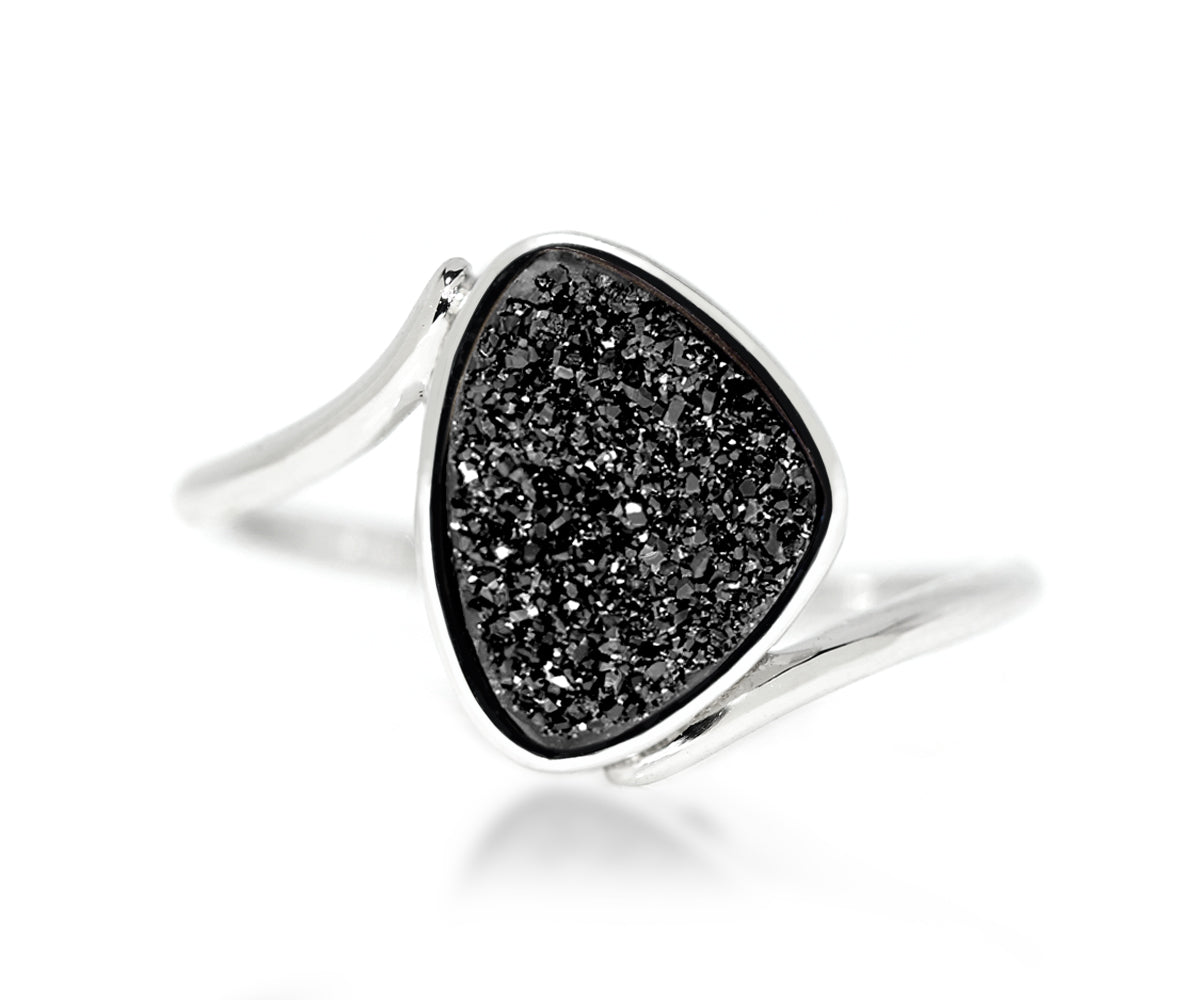 bypass trillion twist black druzy sterling silver drusy ring