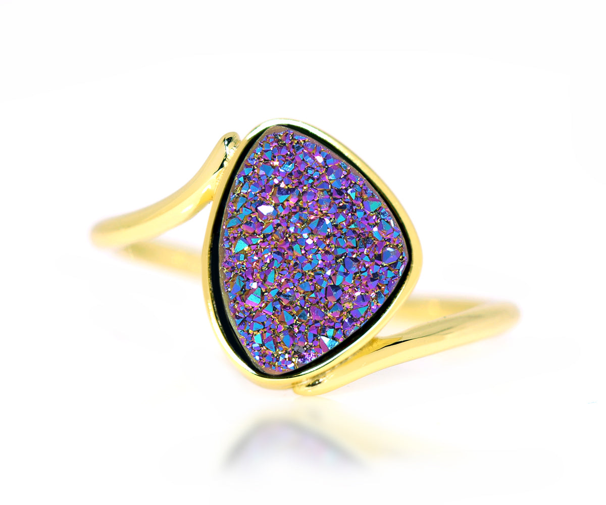 trillion bypass rainbow twist druzy 14k gold drusy ring