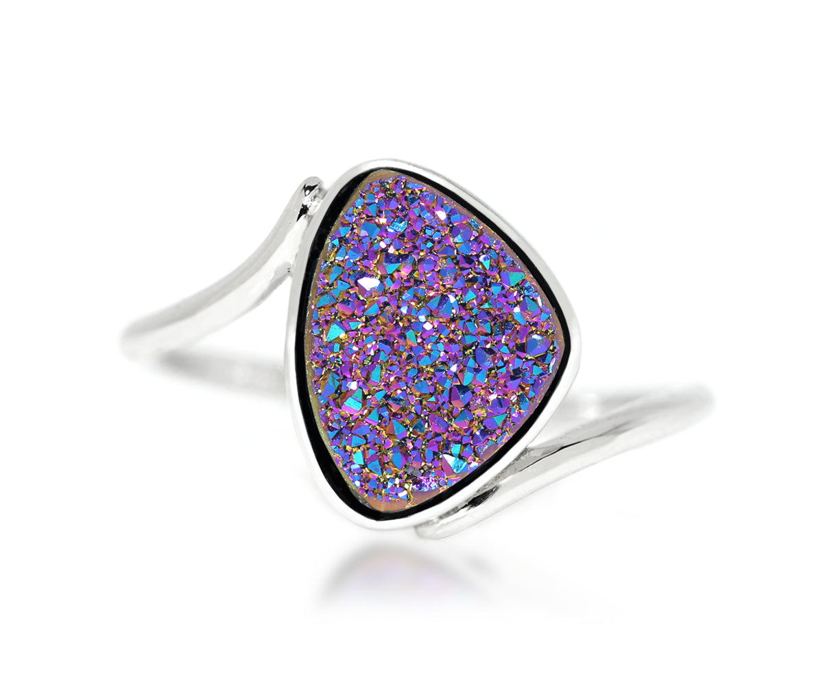 bypass trillion twist offset purple rainbow drusy quartz sterling silver druzy ring