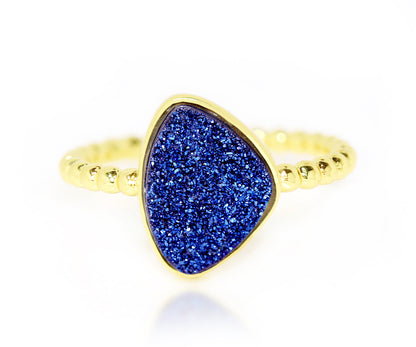Ambrosia trillion blue sapphire druzy 14k yellow gold vermeil stacking drusy ring