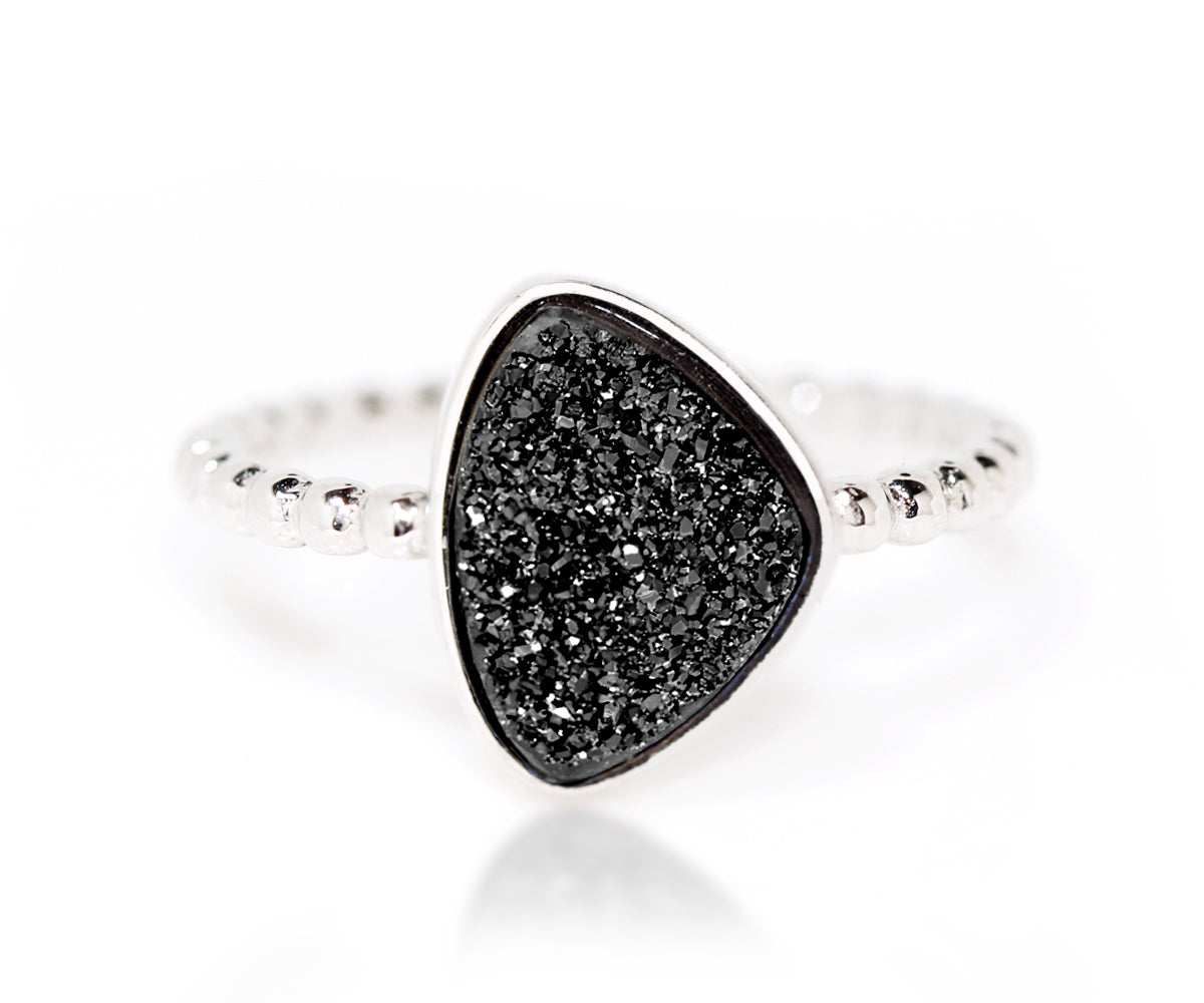 ambrosia black trillion druzy silver stacking ring