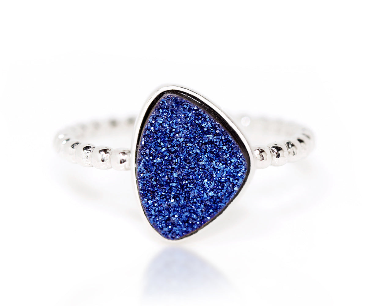 Ambrosia trillion sapphire blue druzy silver beaded stacking drusy ring