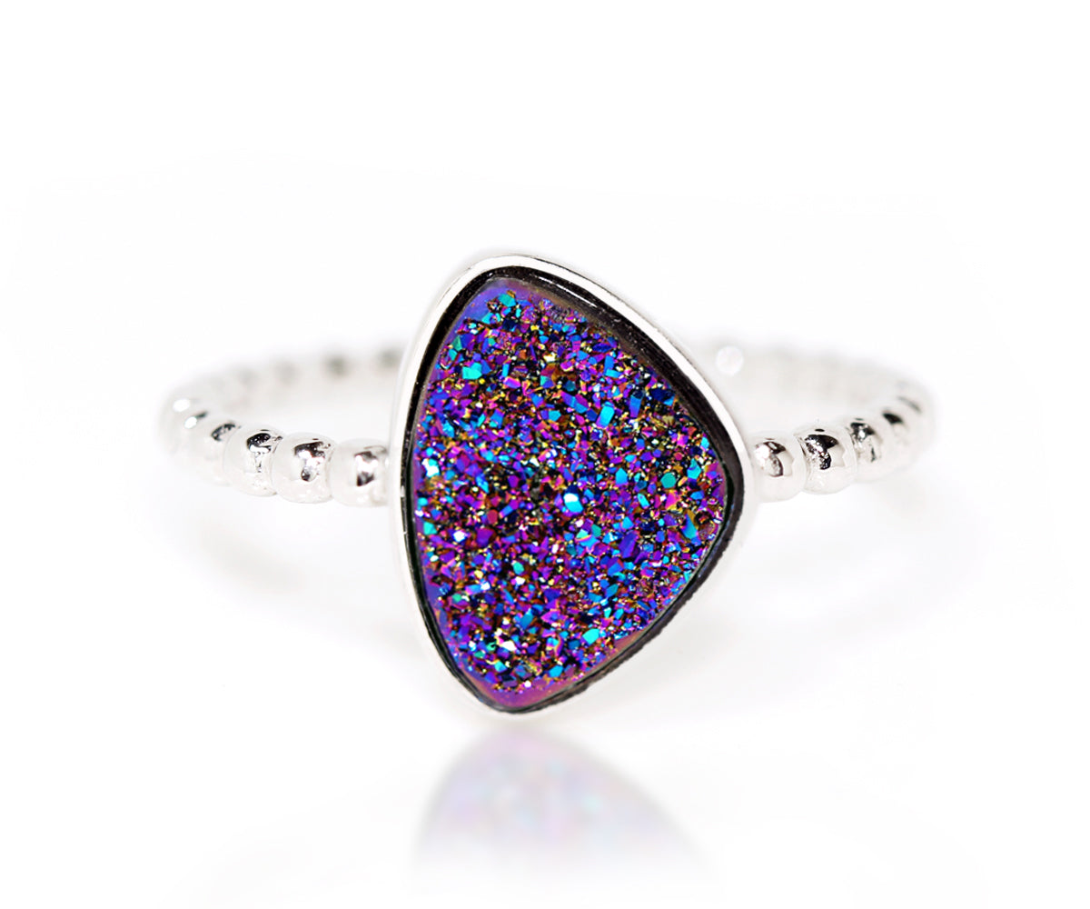 Ambrosia trillion purple rainbow druzy beaded stacking silver drusy ring