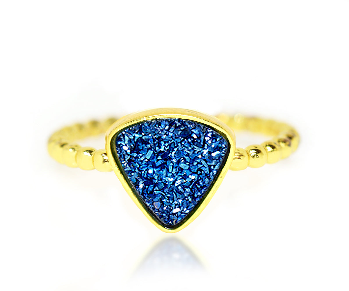 Ambrosia small triangle blue druzy beaded gold drusy ring
